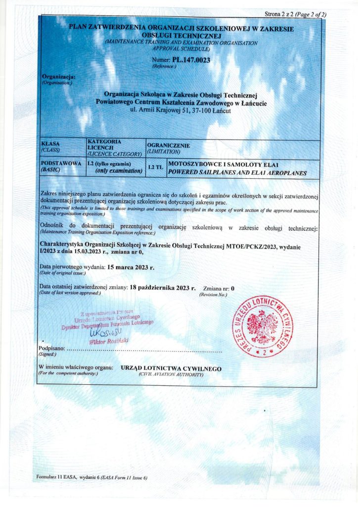 Certyfikat zatwierdzania organizacji szkoleniowej w zakresie obsługi technicznej