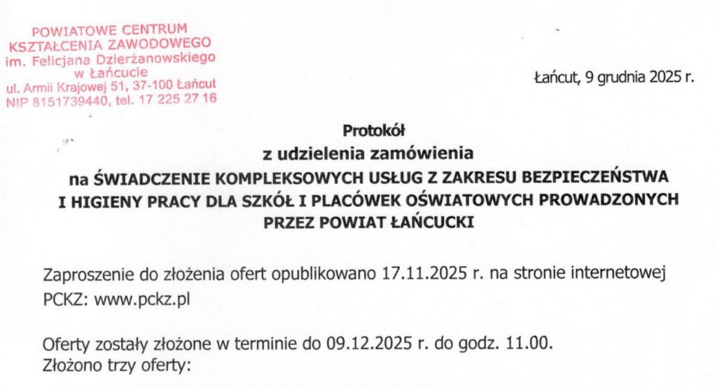 Protokół z udzielenia zamówienia na świadczenie kompleksowych usług z zakresu bezpieczeństwa i higieny pracy dla szkół i placówek oświatowych prowadzonych przez Powiat Łańcucki.