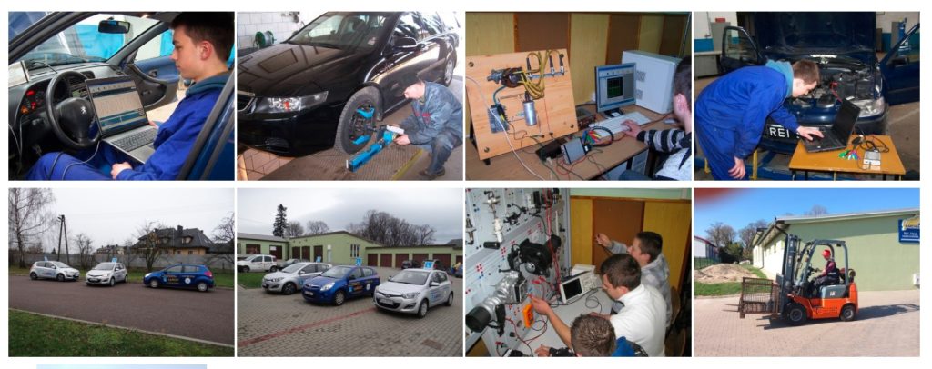 Kolaż przedstawiający uczniów podczas zajęć na kierunku Mechanik Samochodowy